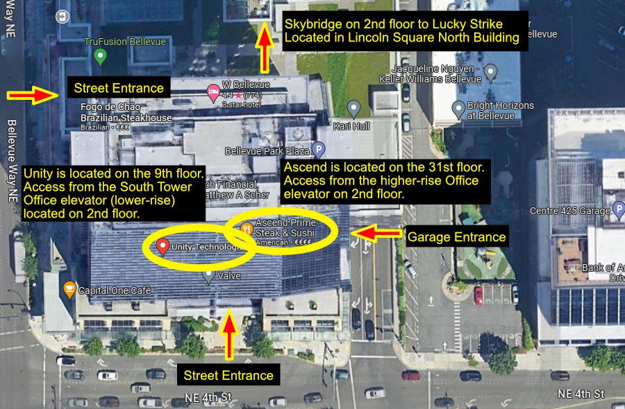 Entrances to the venue building. Unity is on the 9th floor. Access from the South Tower Office elevator (lower-rise) located on the second floor.